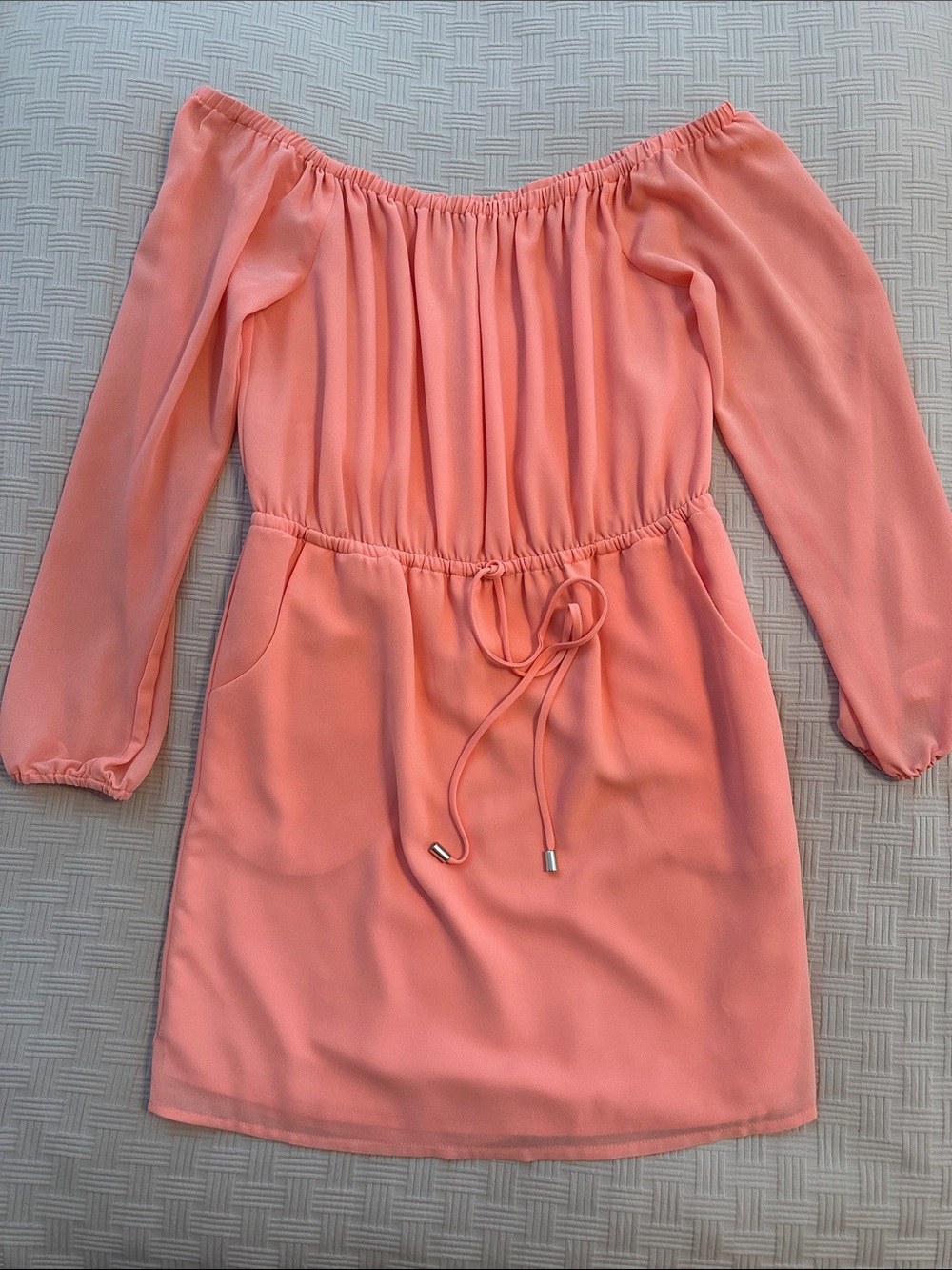 Naked Zebra Coral Pink Off-Shoulder Drawstring Waist Dress